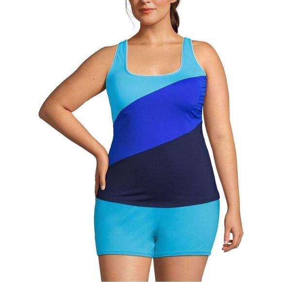 Land’s End Plus Size Square neck tankini top color block electric blue mix Var - Picture 2 of 5